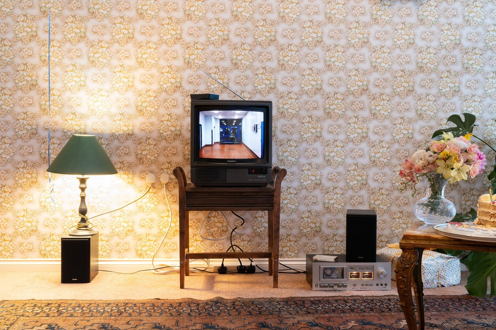 living room interior with an old 1980s tv set
